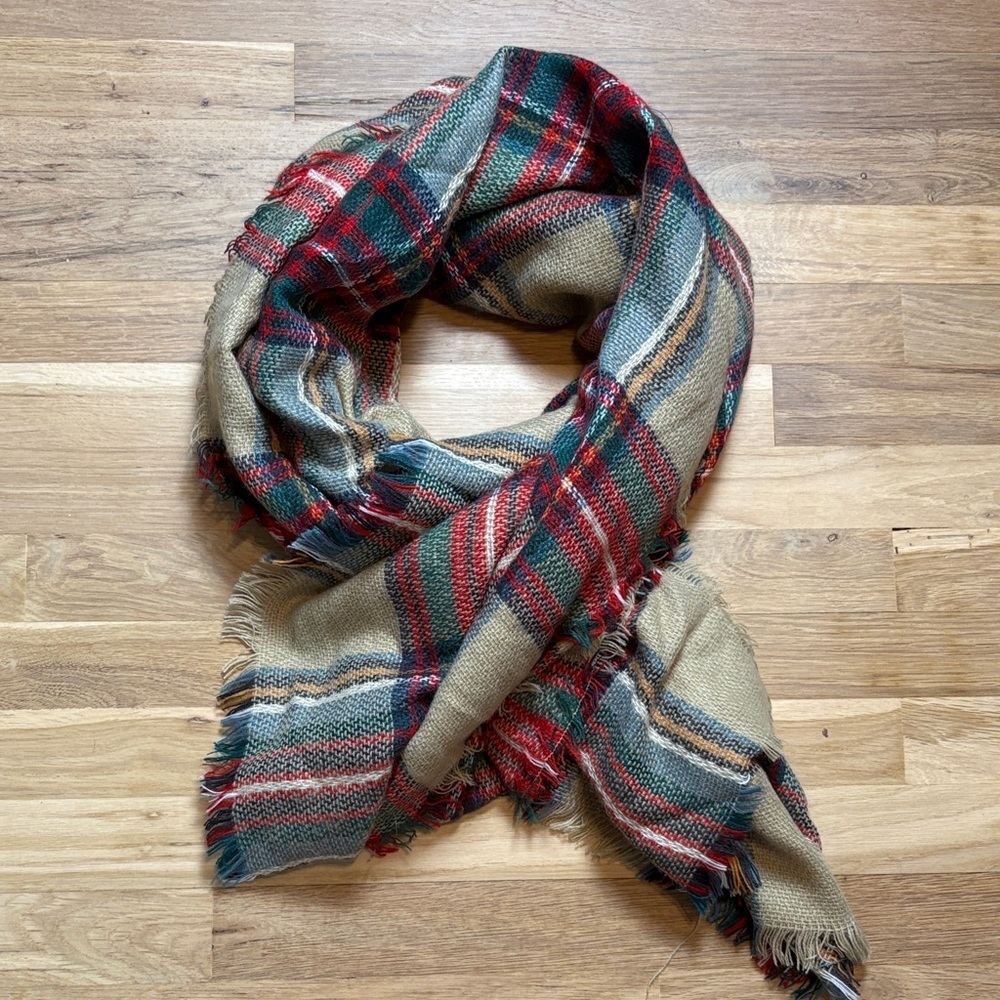 Plaid Red and Green Oversized Fringe Scarf Wrap or Shawl Women’s OS